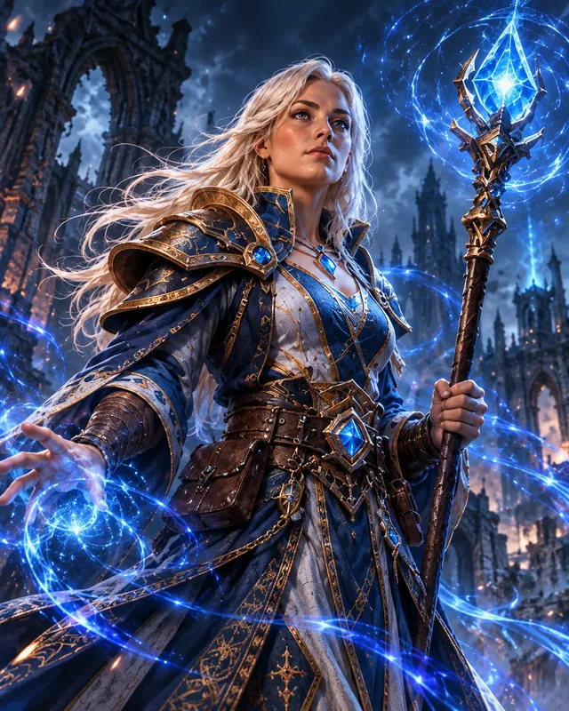 Cinematic fantasy concept portrait of a silver-haired human mage in blue and gold armor holding an enchanted staff