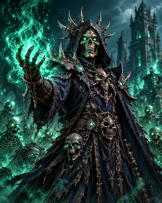 Cinematic fantasy concept portrait of a hooded undead necromancer channeling green magic